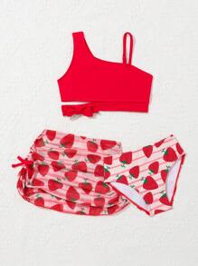 SHEIN 年輕女孩實色上衣＆草莓印花底部泳裝套裝 - 紅色 - 查看 5