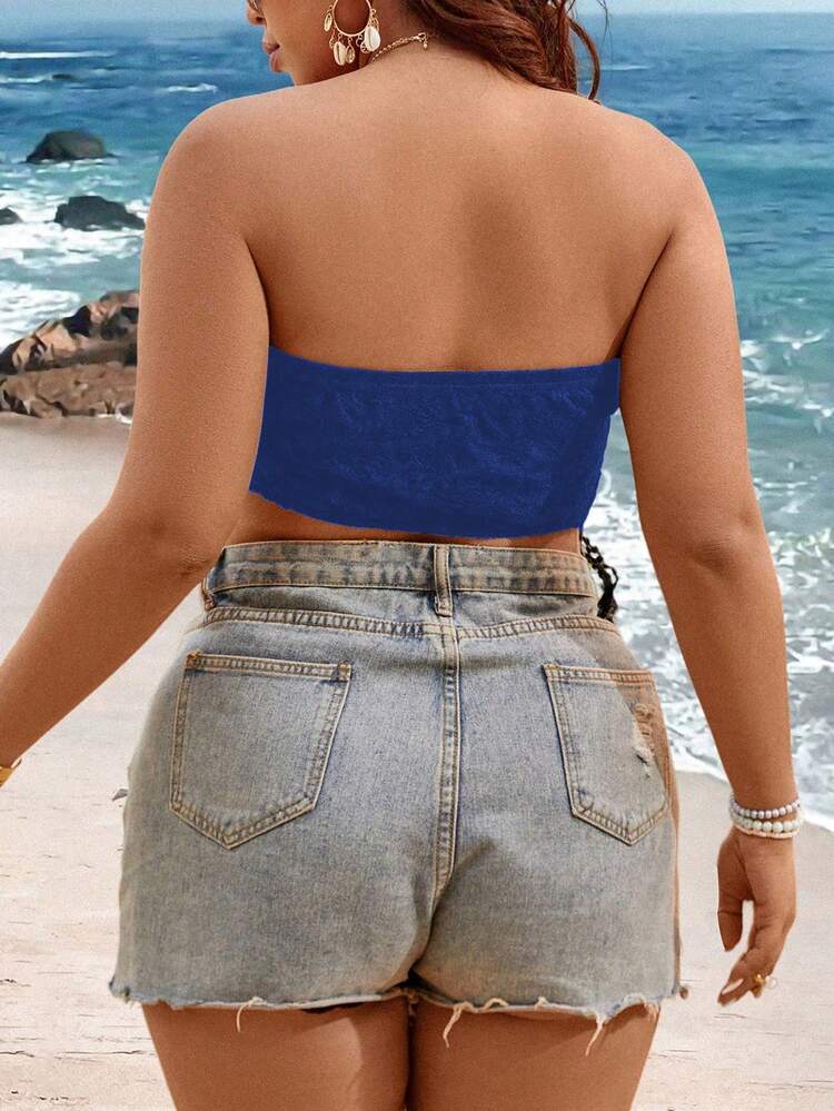 Plus Size Summer Casual Strapless Top With Fringe Hem