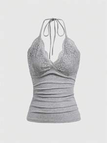 ROMWE PUNK Contrast Lace Ruched Halter Top - Grey - View 4