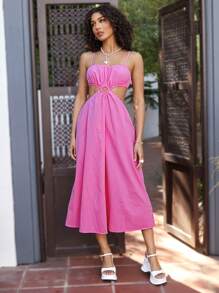 Soleia 女士休閒度假鏤空腰部吊帶洋裝搭配金屬環裝飾