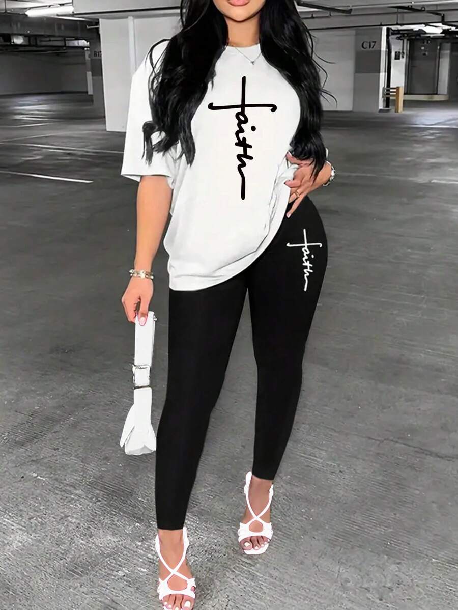 SHEIN Summer Casual Letter Printed Short Sleeve T-Shirt And Leggings - White - View 1