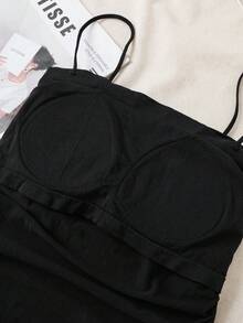 SHEIN Essnce Của phụ nữ Mùa xuân/Mùa hè Màu thuần Xếp li Đệm Áo ba lỗ Với Dây đeo vai có thể điều chỉnh - màu đen - Xem 7