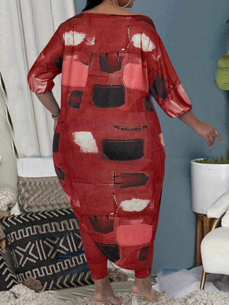 Plus Size Women's Brush Printed Two Pieces Set With Asymmetric Hem Three Quarter Sleeve Top And Pants For Casual Wear