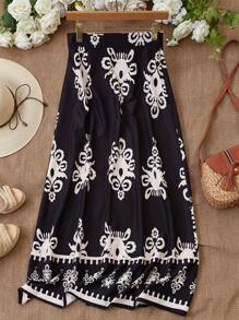 SHEIN LUNE 女士时尚印花高开叉长裙女装 - 黑色 - 查看 2