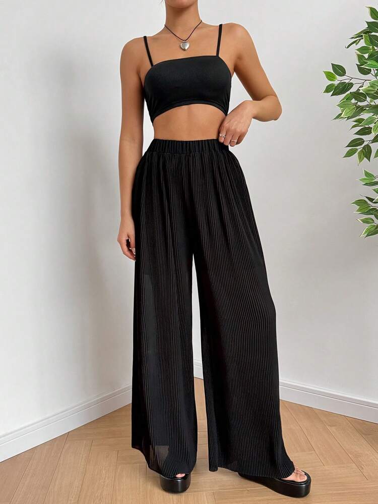 Women's Summer Solid Color Crop Top Camisole And Wide Leg Pants Casual 2pcs Outfit