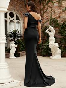 Missord Women's Solid Color Minimalist Oblique Shoulder Formal Party Dress - Black - View 2