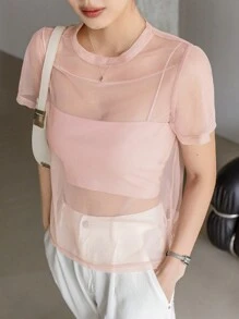 DAZY 女式夏季圆领网眼短袖透明上衣，返校服装 - 粉色 - 查看 3