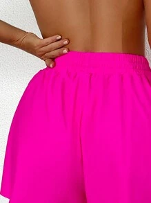 Swim Basics 女士時尚純色束口腰短褲 - 玫紅色 - 查看 4