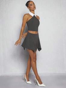 Hauture 细条纹撞色领口露背短款上衣