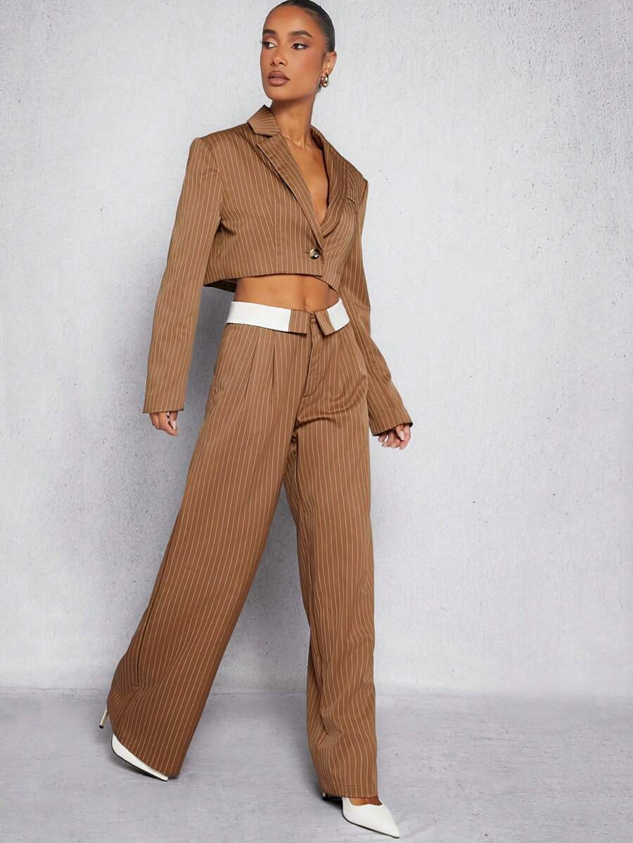 SHEIN Unity Pinstripe Jacket & Foldover Pants Set - Dark Grey - View 1