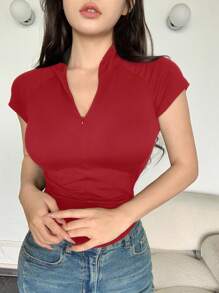 DAZY 純色立領拉鍊前緊身短袖t恤,夏季款 - 紅色 - 查看 4