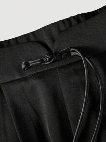 SHEIN Privé 女款黑色高腰阔腿裤 黑色裤子 黑色阔腿裤 腰部接缝V字扣 夏季裤子 休闲裤 有口袋 松紧腰带 旗袍纽扣 适合日常 通勤 度假 约会 郊游 - 黑色 - 查看 7