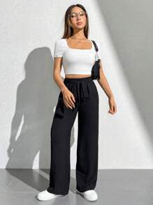 SHEIN PETITE 純色高腰扣帶寬腿褲