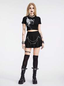 ROMWE Goth 女式y2k風格低腰百褶裙,配有金屬十字鏈裝飾,適合夏季穿著 - 黑色 - 查看 2