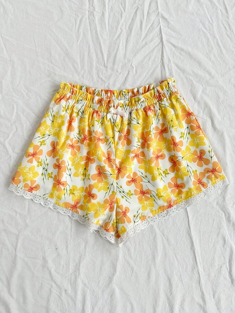 Women's Lace Splicing Flower Printed Shorts