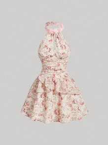 SHEIN MOD 粉色浪漫 3D 花卉图案蛋糕风格女孩和女士连衣裙 - 粉色 - 查看 1