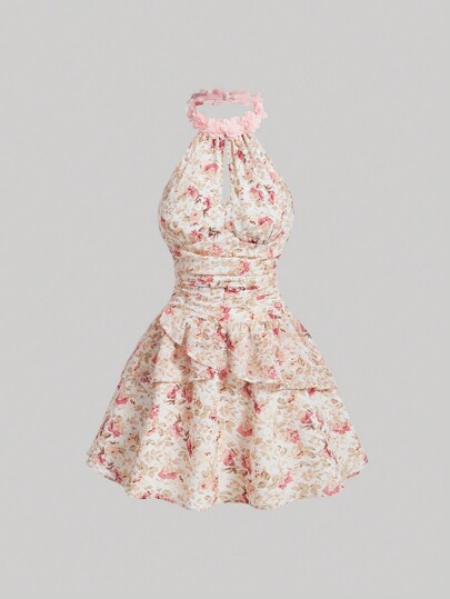 SHEIN MOD 粉色浪漫 3D 花卉图案蛋糕风格女孩和女士连衣裙