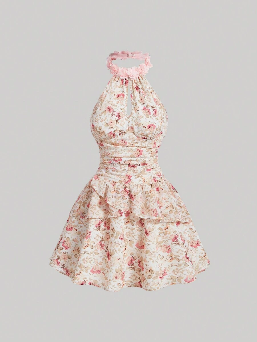 SHEIN MOD 粉色浪漫 3D 花卉图案蛋糕风格女孩和女士连衣裙 - 粉色 - 查看 1