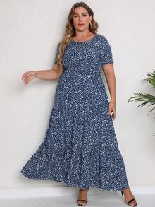 Plus Size Women's Short Sleeve Round Neck Bohemian Vacation Floral Printed Dress - Blue - View 4