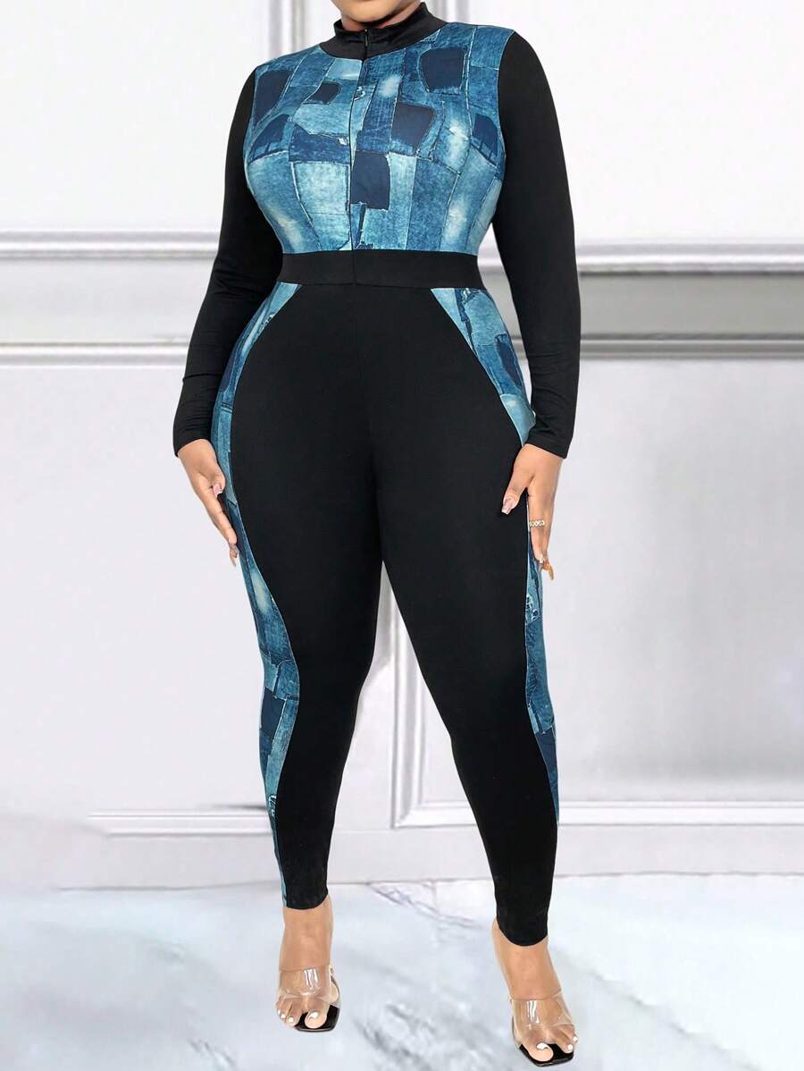 Maweii Plus Size Denim Effect Splicing Long Sleeve Skinny Jumpsuit - Multicolor - View 1