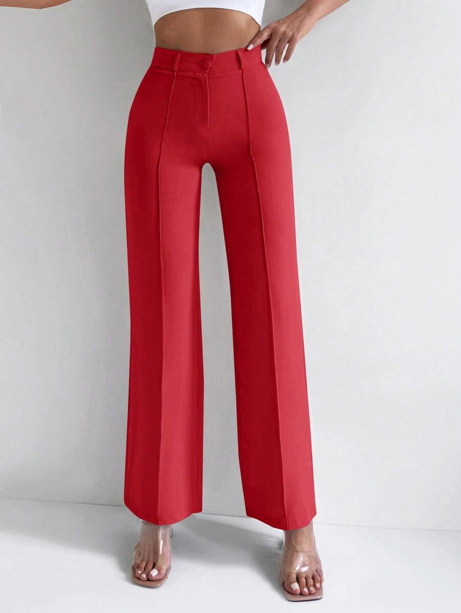EURMUSE Solid Seam Front Straight Leg Suit Pants - Red - View 1