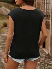 SHEIN LUNE Heart Pattern Printed V-Neck Batwing Sleeve T-Shirt - Black - View 3