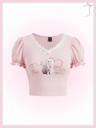 SHEINNeu Balletcore Kawaii 夏季蝴蝶结蕾丝边猫咪印花 V 领短袖粉色女式 T 恤外出上衣夏季短款上衣休闲度假