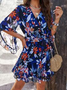 PoPoHouse 女士夏季连衣裙，透气舒适，轻盈飘逸，印花荷叶边下摆和喇叭袖设计，腰带款式，适合日常通勤和度假穿着，优雅时尚，女士春夏沙滩裙 黑色 - 黑色 - 查看 4