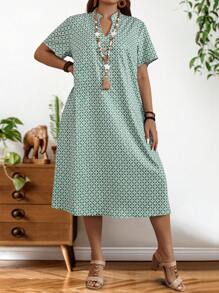 EMERY ROSE 大尺碼女士夏季綠色幾何圖案短袖鈕扣裝飾連衣裙 - 綠色 - 查看 4