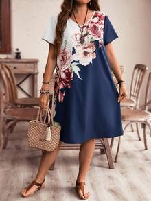 EMERY ROSE 大尺碼女士夏季休閒色塊花卉印花V領母親節 - 彩色 - 查看 5