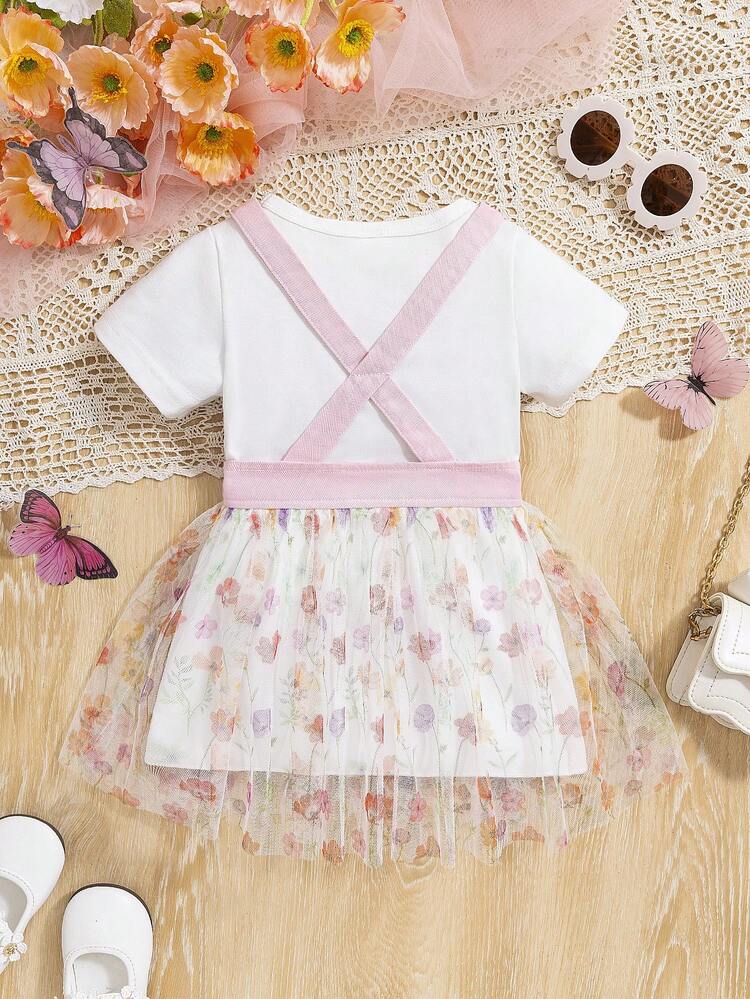 Baby Girl 2pcs/Set Gradient Pink Washed Denim & Flower Mesh Suspender Dress And Stylish T-Shirt Spring/Summer Outfits