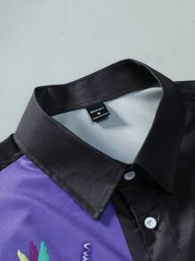 Manfinity Homme 男士卡通印花色塊短袖襯衫,日常穿搭,適用於春夏季 - 黑色 - 查看 3