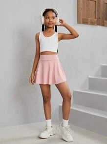 SHEIN Tween Girl Knitted Solid-Colored Shorts Skirt With Built-In Pocket And Safety Shorts - Pink - View 3