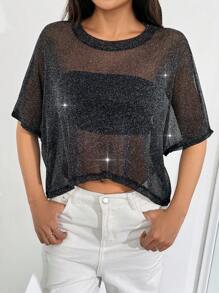 SHEIN EZwear 薄紗網實心蝙蝠袖短款t恤 - 黑色 - 查看 4