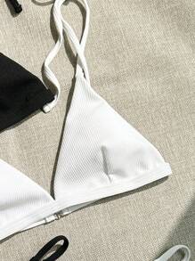 SHEIN Swim Ensemble de 2 pièces de bikini texturé de couleur unie pour l'été - Noir et Blanc - Voir 3