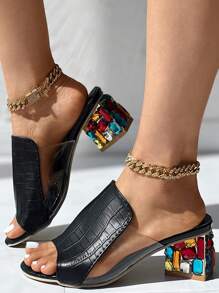 Women's Summer Floral Open Toe High Heel Sandals - Black - View 4