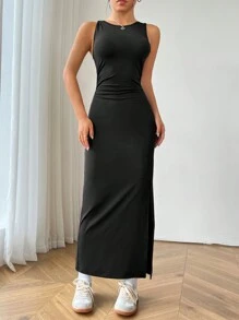 SHEIN EZwear Vestido de Mujer Sencillo de unicolor sin Mangas y Abertura - Negro - Ver 4