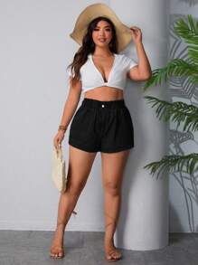 SHEIN LUNE Plus Size Elastic Waist Slanted Pocket Cuffed Denim Shorts - Black - View 4