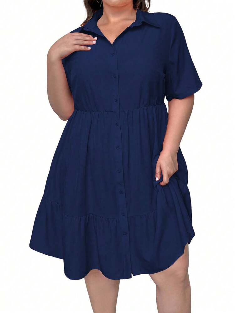 Plus Size Women's Summer Solid Color Ruffle Hem Shirt Style Short Sleeve Dress