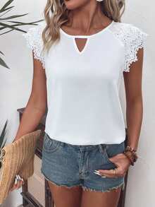 SHEIN LUNE Women's Summer Casual Loose Fit Shirt With Keyhole Neckline, Burn-Out Floral Embroidery And Raglan Sleeves - White - View 4