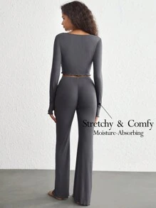 Ocili 舒適Viscose純色萵苣拇指孔短上衣和喇叭褲女士睡眠套裝-深灰色 - 深灰色 - 查看 1