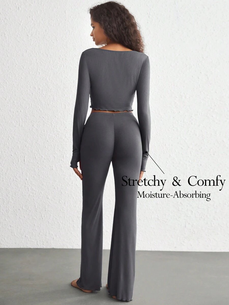 Ocili 舒適Viscose純色萵苣拇指孔短上衣和喇叭褲女士睡眠套裝-深灰色 - 深灰色 - 查看 1