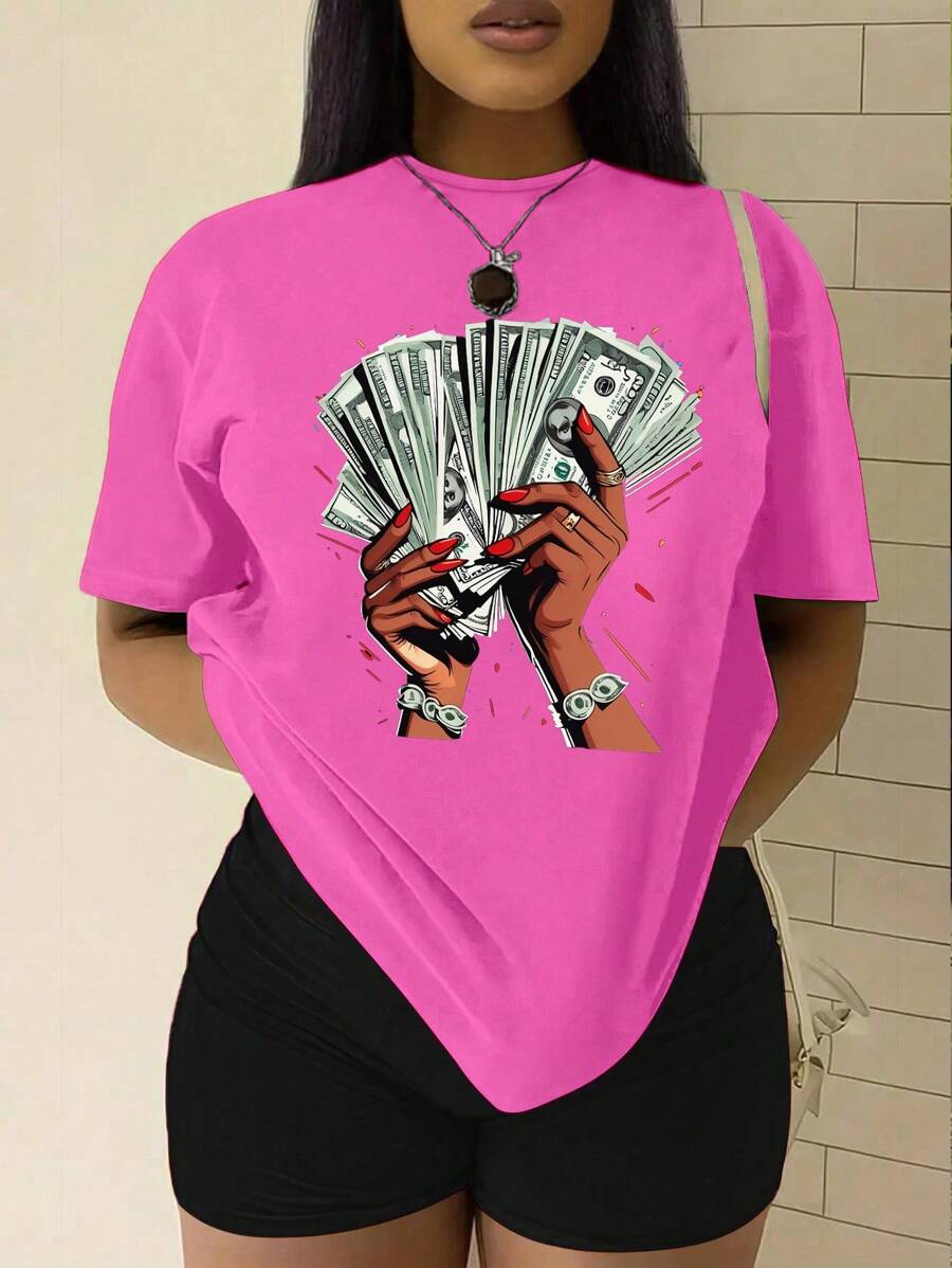 SHEIN Slayr 女性夏季休閒寬鬆版型印錢圖案抽肩短袖t恤 - 玫紅色 - 查看 1