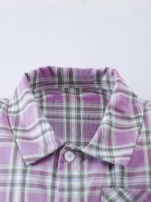 SHEIN Tween Girl Fashionable Plaid Short Sleeve Shirt, Summer - Purple - View 3