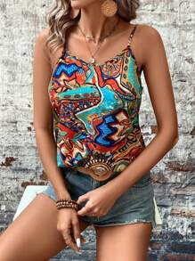 SHEIN LUNE Của phụ nữ Giải trí Và Sành điệu Boho In Xoay lại Top Cây trồng Với Dây đai mỏng Cho mùa hè Kỳ nghỉ - Nhiều màu - Xem 3