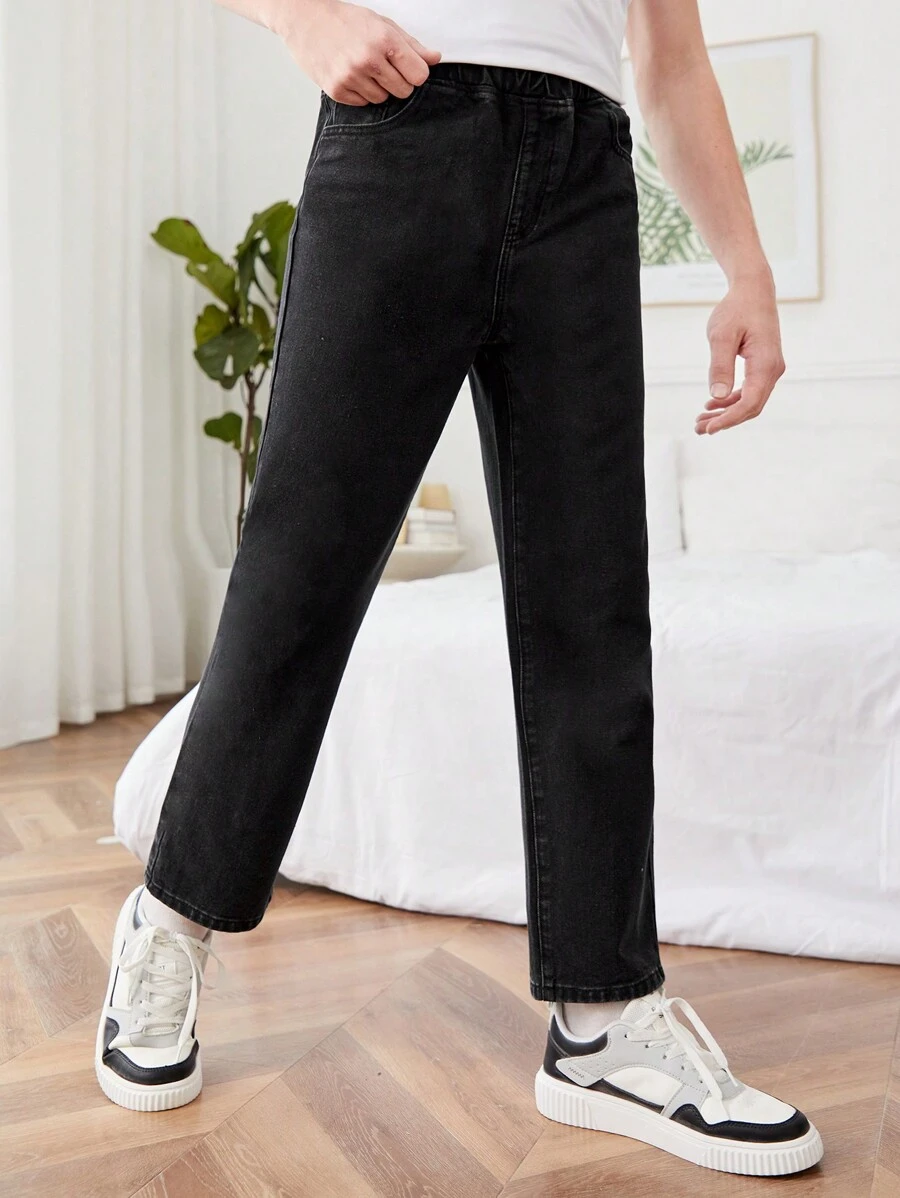 Teen Boy Basic Casual Elastic Waist Straight Leg Denim Jeans, Washed - Black - View 1