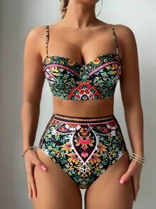 SHEIN Swim 女性熱帶植物印花比基尼套裝,適合度假使用 - 彩色 - 查看 5