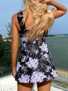 Swim Lushoire Summer Beach Contrast Flower Printed Swim Dress & Swim Bottom - Mauve Purple - View 2