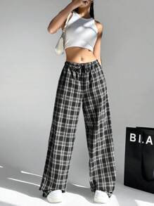 SHEIN EZwear 女式格子抽绳阔腿裤 - 黑色 - 查看 6
