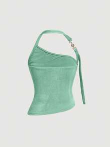 SHEIN MOD Solid Ruched Halter Bodycon Summer Top - Mint Blue - View 2